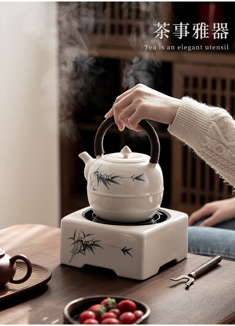 初石 竹报平安烧陶壶老白茶专用煮茶器家用轻奢烧水陶瓷功夫茶具苏打