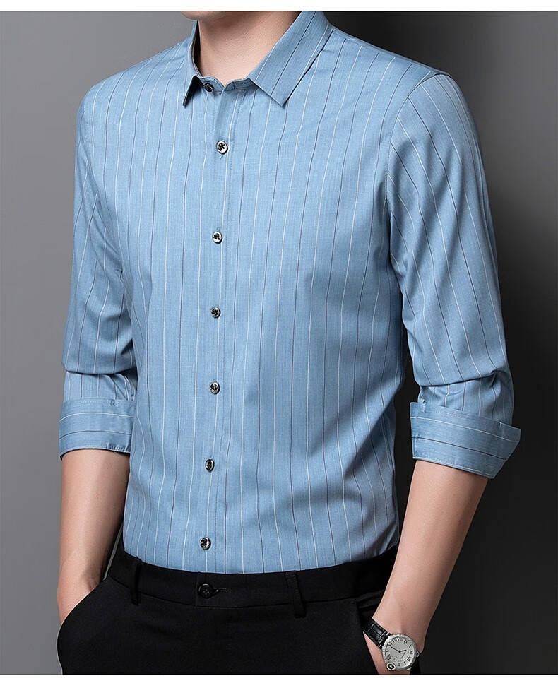 休闲衬衫中青年商务免烫修身衬衫打底衫男士内衬秋款上衣浅蓝色165