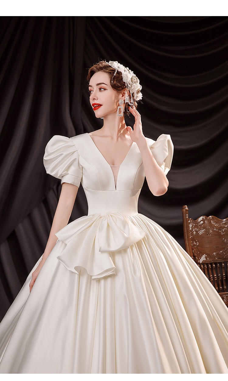 妲菲妮婚纱主纱高贵女王法式深v领泡泡袖新娘蓬蓬裙公主婚纱礼服深