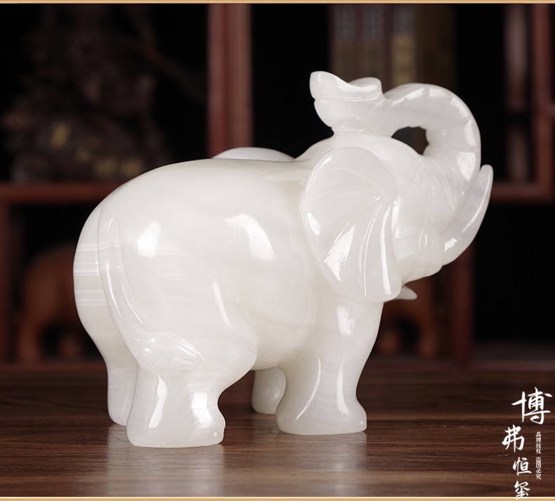 博弗恒玺 天然玉石大象摆件一对白玉象玉雕工艺品吸水大象电视柜客厅