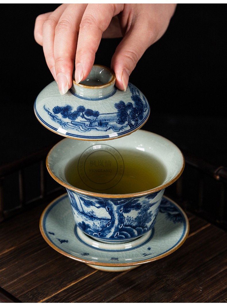 枫岚情景德镇青花瓷盖碗仿古手绘三才盖碗柴烧手工泡茶碗高档家用功夫