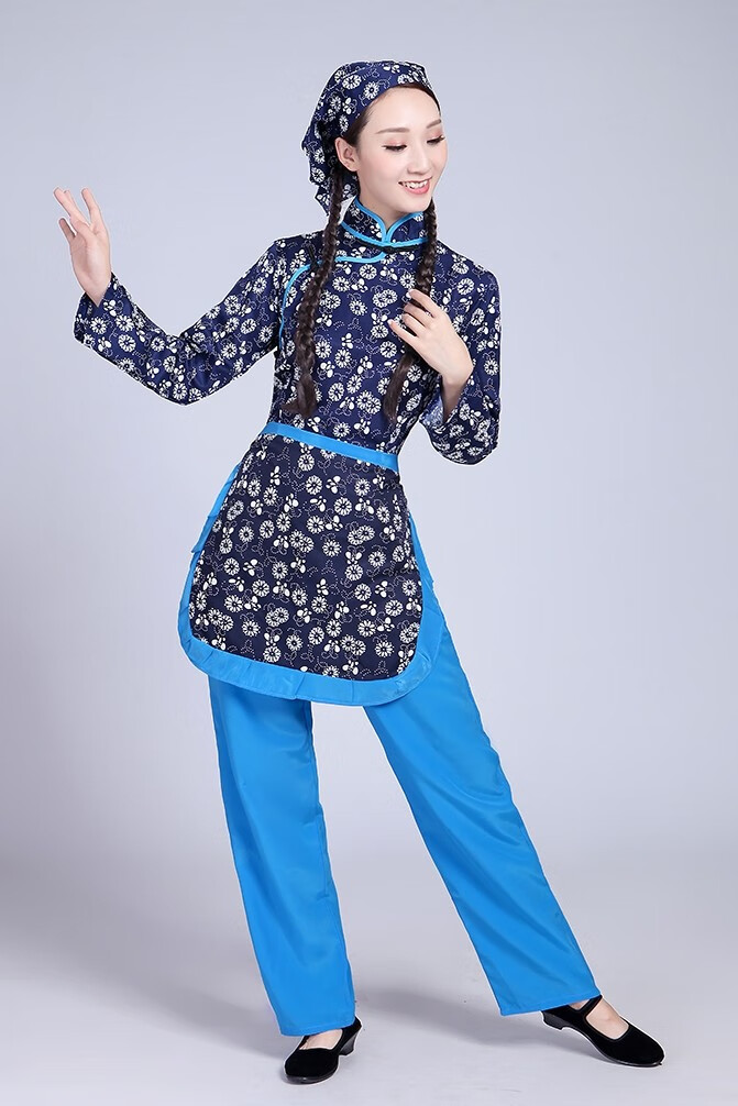 玺柠采茶服套装女村姑服阿庆嫂庆党节日演出服碎花表演服蓝花上衣包红