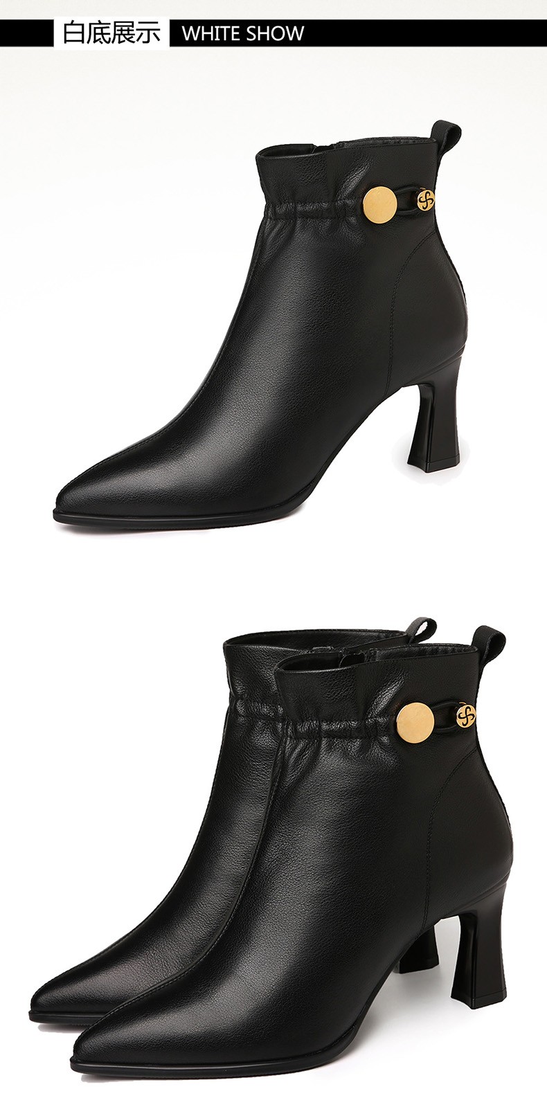 富贵鸟真皮短靴女高跟鞋2021新款秋冬加绒时装女靴小粗跟中年时尚妈妈