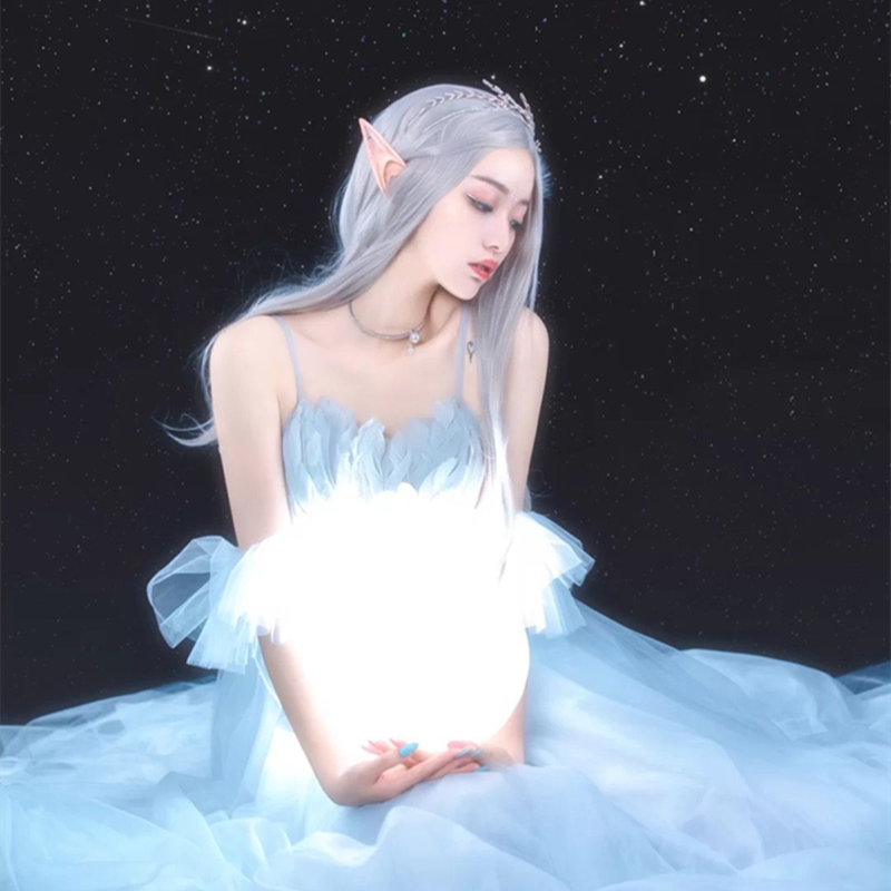 精灵假发女长发中分白色cos表演自然长直发万圣节造型全头套式奶奶灰