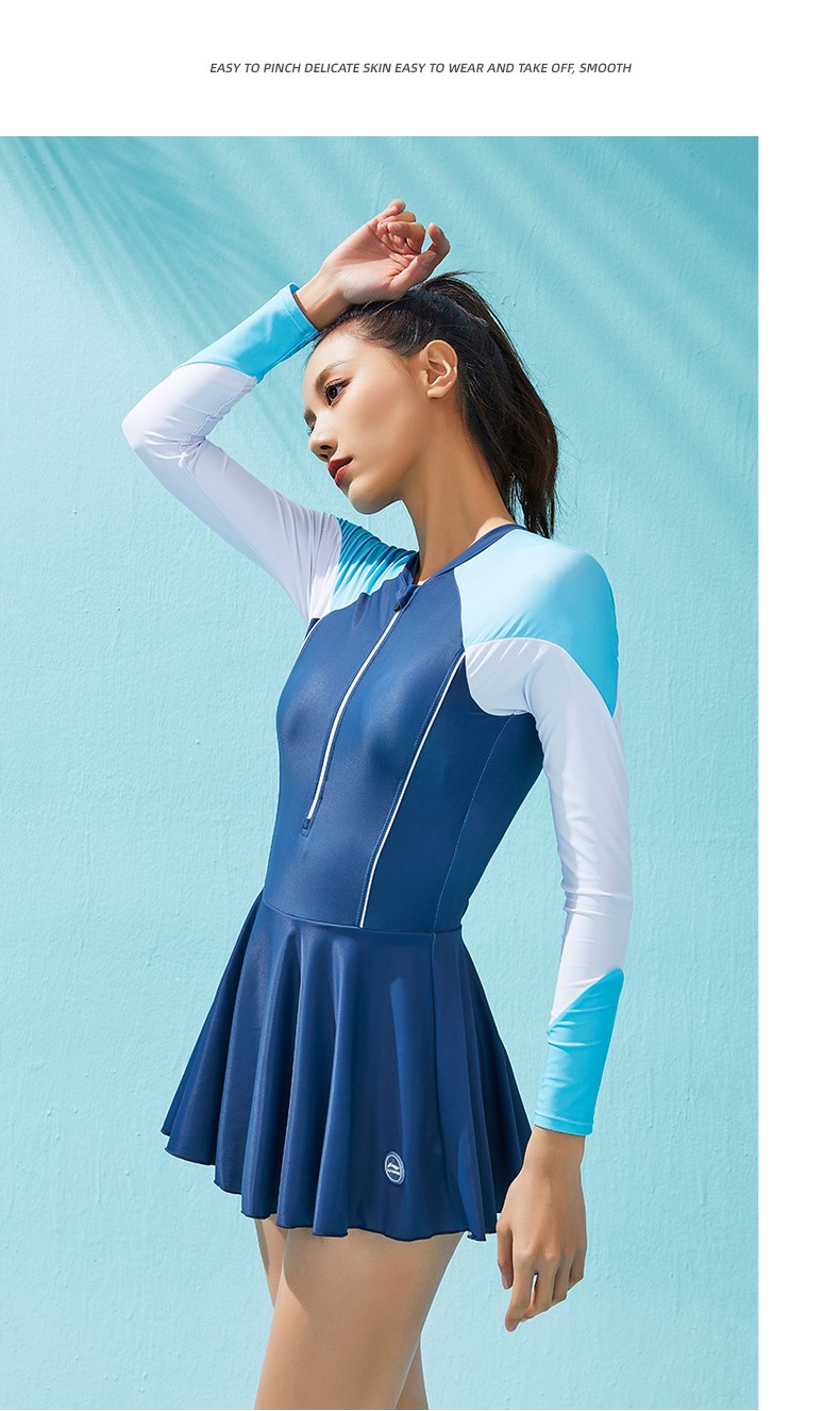 李宁lining泳衣女士连体保守裙式游泳衣舒适速干防走光撞色休闲度假