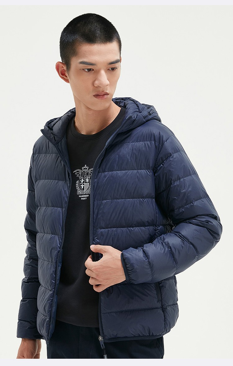 edenbo爱登堡男式羽绒服秋冬季男装防风纯色休闲连帽男外套上衣黑色