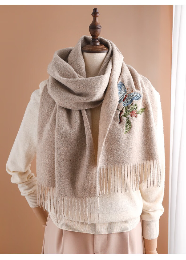 三八妇女节礼物杭丝路纯绵羊毛围巾女秋冬保暖粗纺羊毛刺绣围巾女厚实