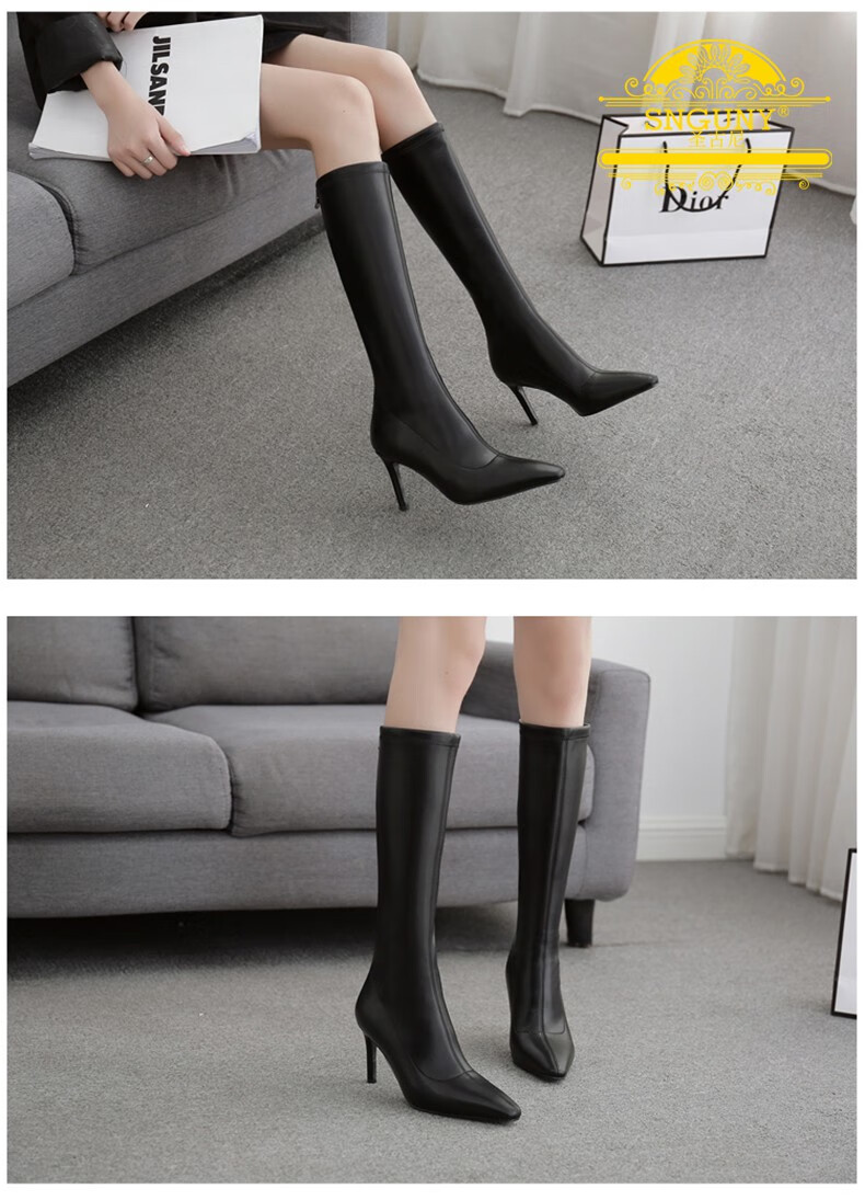 新款百搭靴子弹力靴瘦腿小尖头高跟鞋细跟高筒靴米白色55cm高跟加绒33