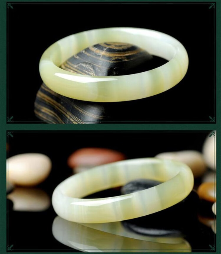 竔立 阿富汗玉碳酸盐质玉缠丝玉黄白手镯子玉石镯子女款送妈妈长辈