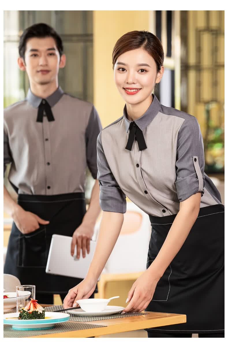 德景天新款时尚酒店餐厅服务员工作服男女同款长袖餐饮饭店火锅店前台