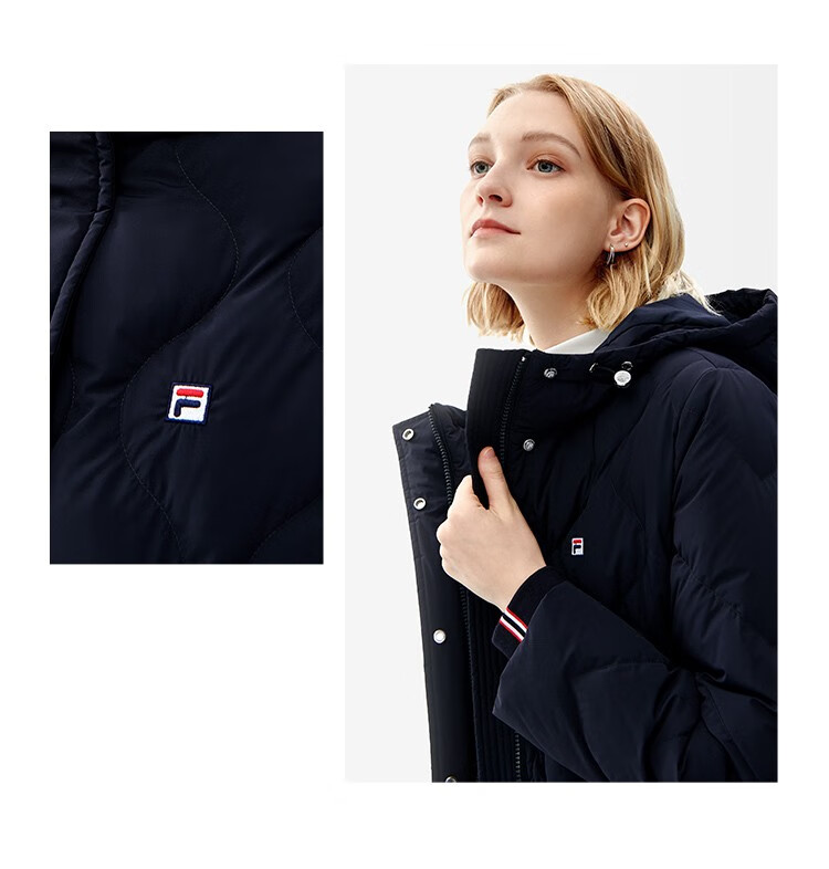 fila 斐乐官方女子中长款羽绒服2022冬时尚休闲连帽保暖外套 蒸汽白