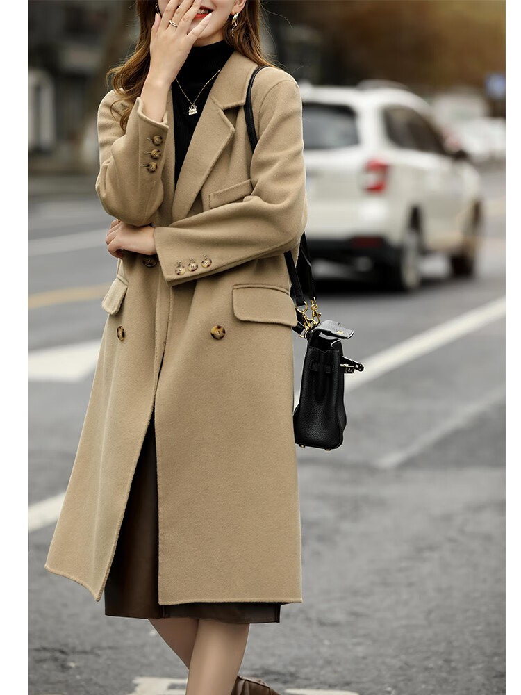 kaisifu品牌双面羊绒大衣女2021年冬季新款可可色中长款西装领气质