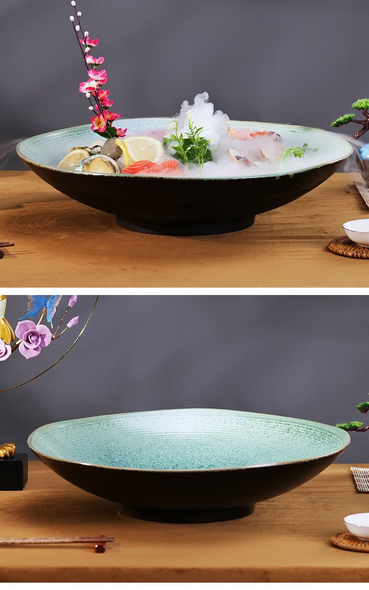 高端刺身盘冰盘大三文鱼摆盘盘子鱼生专用盘海鲜拼盘干冰餐具商用绿色