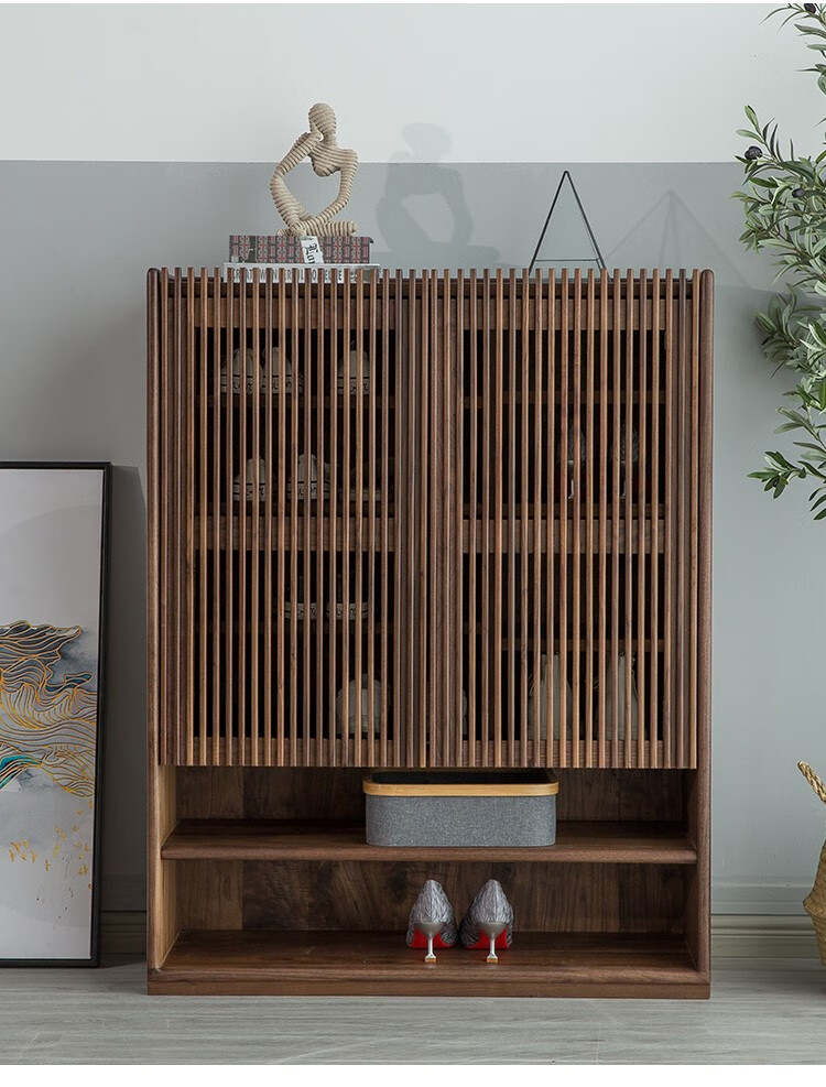 智木生活北欧实木黑胡桃木格栅门鞋柜家用隔断简约橡木大容量储物柜多
