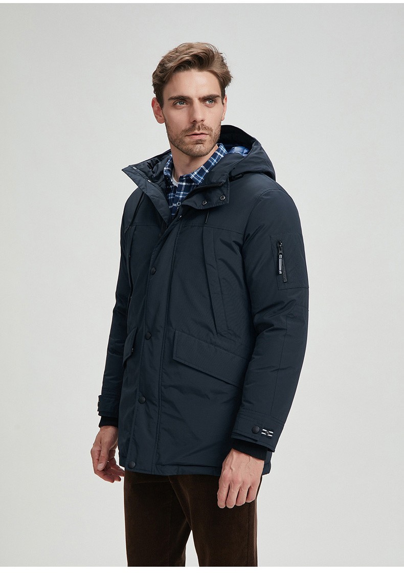 诺帝卡男装2021秋冬新款纯色高领连帽纯色防轻溅水保暖中长款羽绒服男