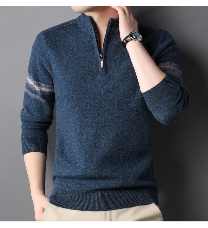 Hengyuanxiang Men's Thickened Winter Zip-Up Turtleneck Sweater, 100% Wool Knit Pullover, Middle-Aged And Young Men's Clothing 6