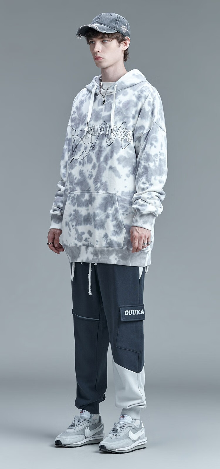 guuka古由卡潮牌扎染连帽卫衣男2021冬季新款青少年嘻哈logo小怪兽