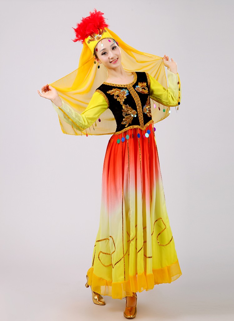 新疆维吾尔族舞蹈表演服装女少数民族广场舞台裙印度肚皮舞服饰红色