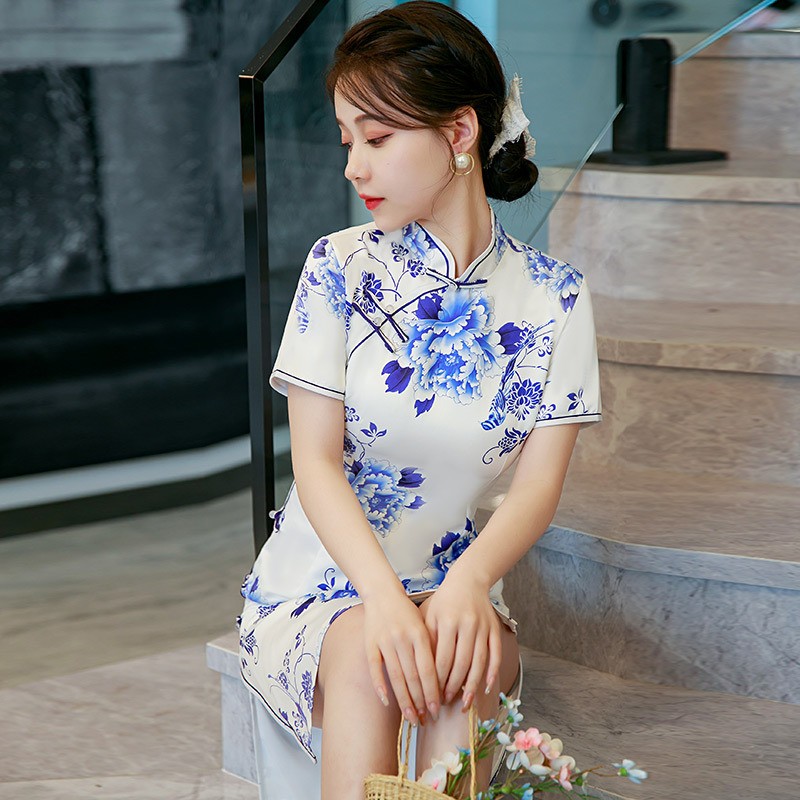 彪文旗袍连衣裙旗袍裙夏季2022新款短款女显瘦少女改良夏装青花9197s