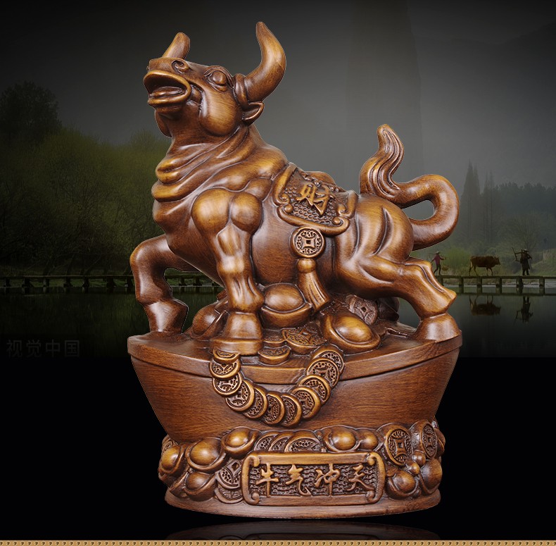 明班元宝牛气冲天摆件实木雕刻牛摆件装饰工艺品店铺家居办公室桌面