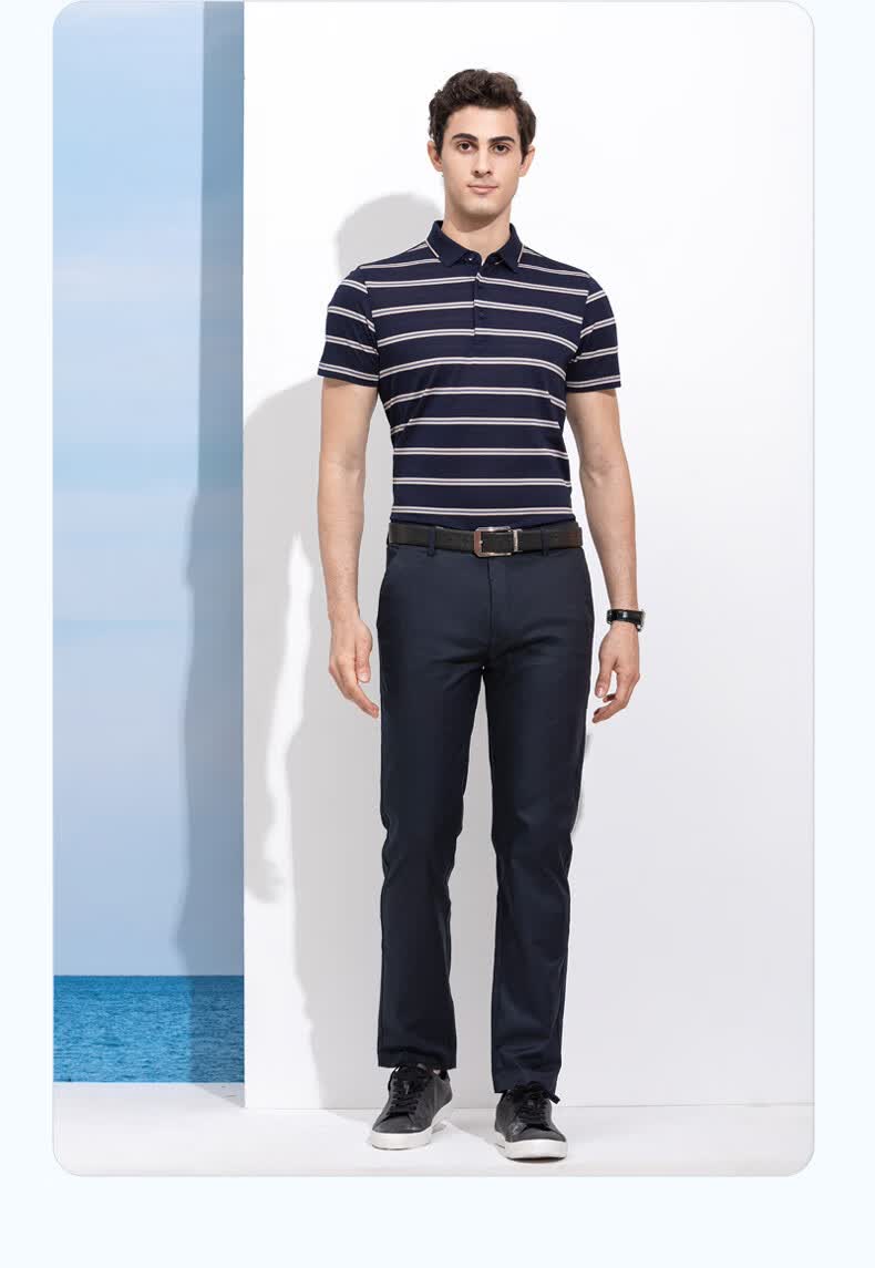 浪登男装短袖t恤含桑蚕丝商务休闲翻领短t男士时尚条纹打底衫浅蓝色l