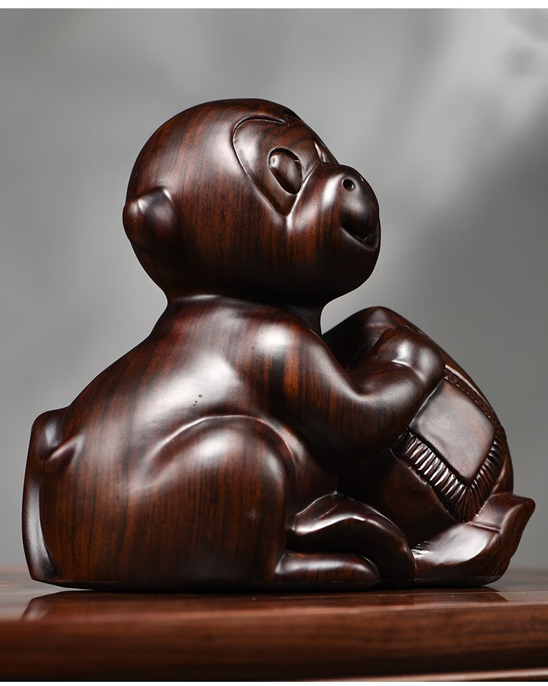 浣彩黑檀木雕猴子摆件工艺品十二生肖猴木头猴属猴客厅家居装饰品手工