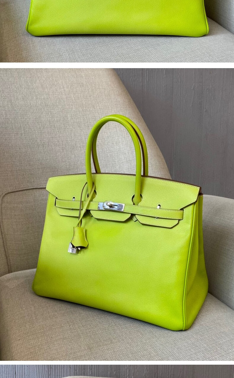 二手95新爱马仕birkin35奇异果绿6r内拼青苔色6f银扣e皮方块o刻