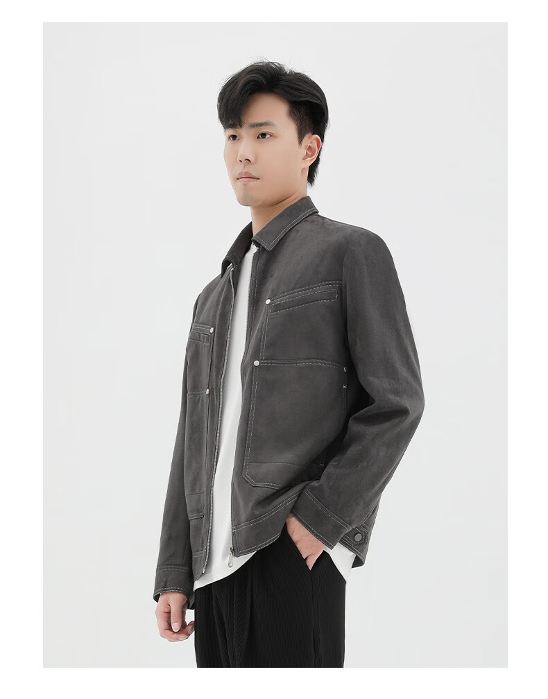 【商城同款】anyview 男装 夹克男明线潮流茄克仿麂皮夹克外套秋 黑色