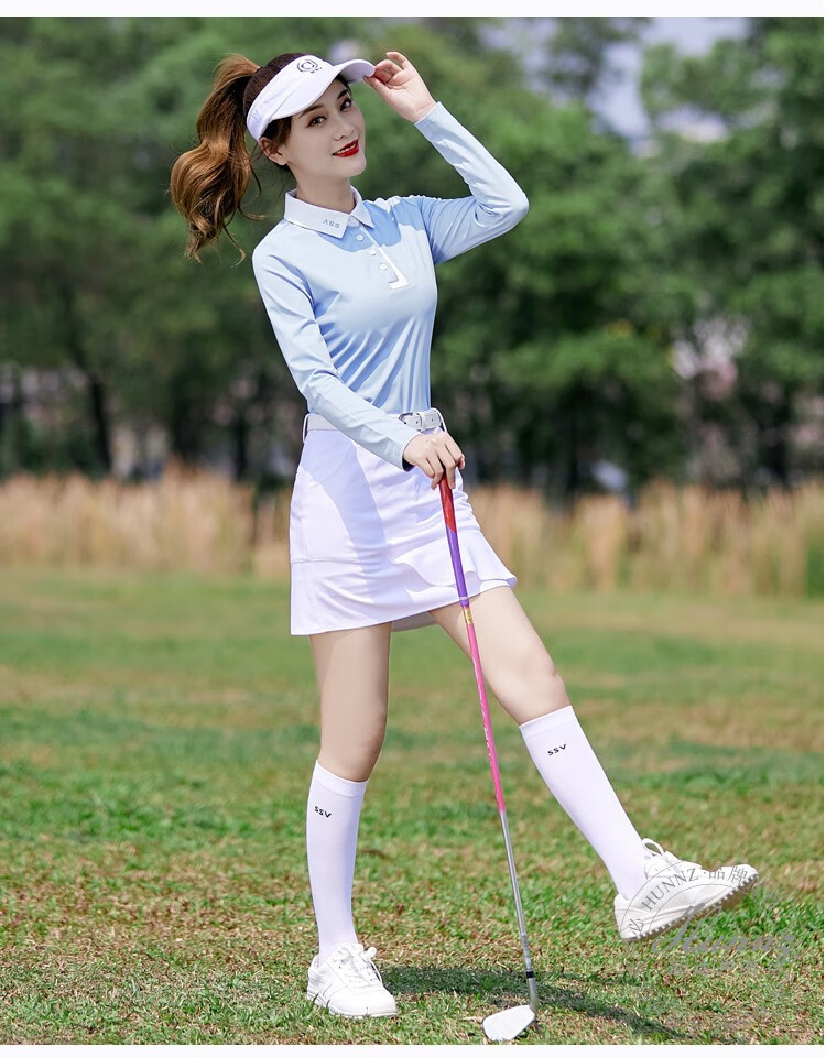 hunnz品牌高尔夫服装女款秋冬套装蓝色长袖白色短裙修身运动透气吸汗