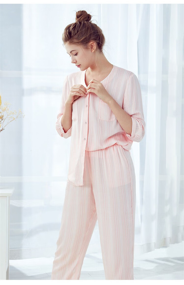 伊维斯新品度假风时尚百搭v领开襟条纹七分袖长裤两件套家居服套装