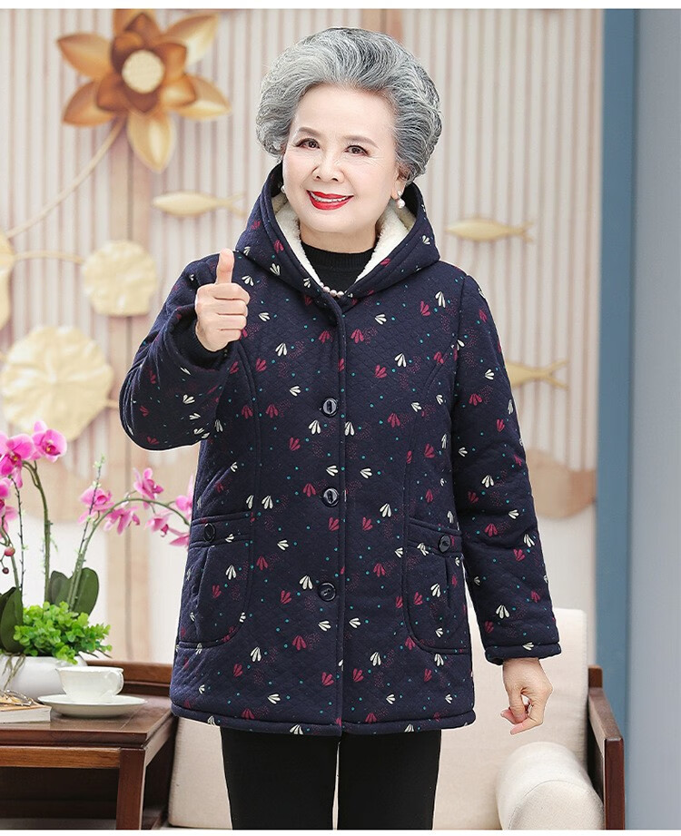 清韵语奶奶装冬装加绒加厚棉衣老年人棉服女妈妈冬装外套老太太连帽