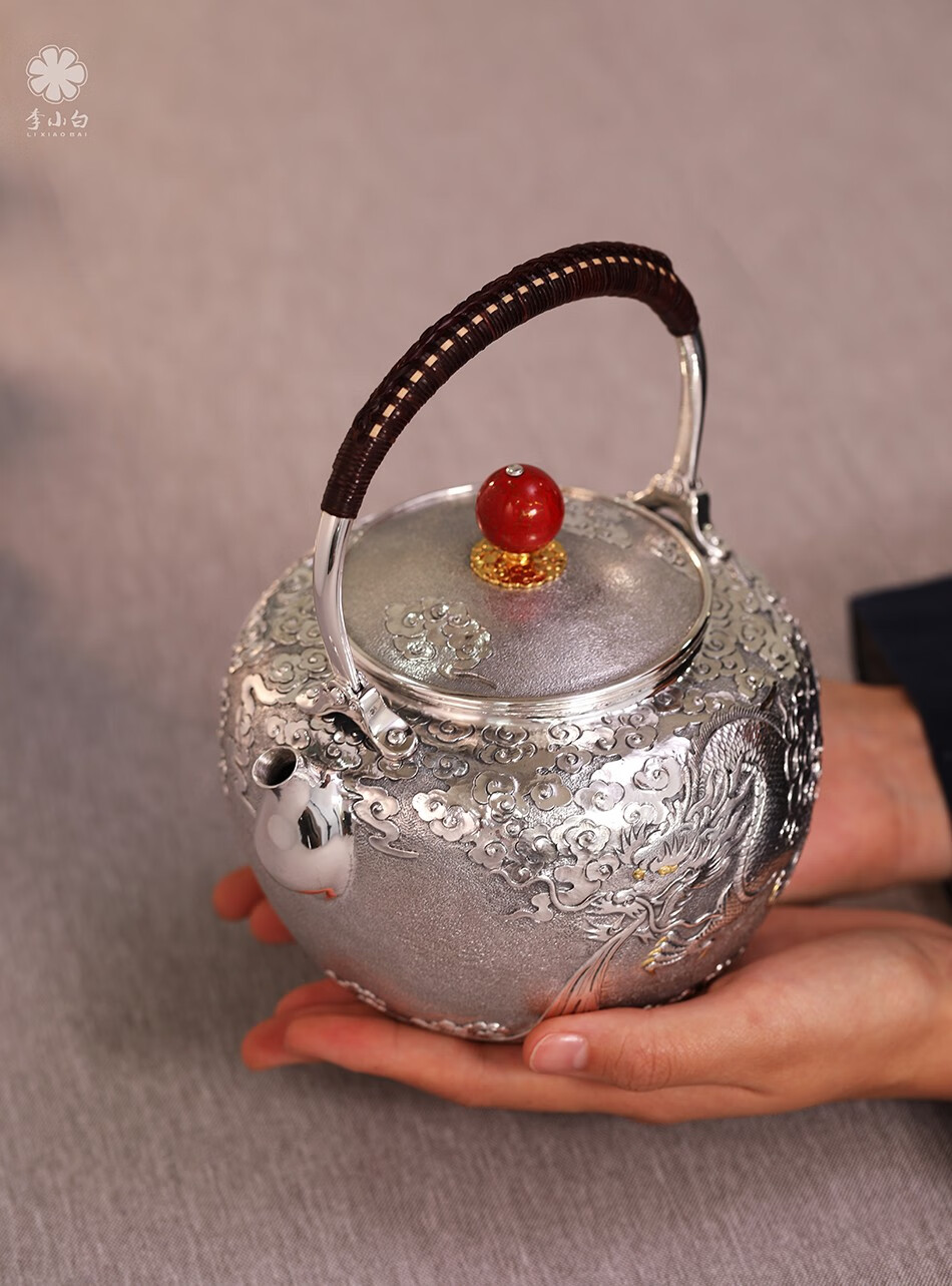 李小白银壶纯银银壶纯手工制作金银错龙凤呈祥烧水银壶手工錾刻银壶