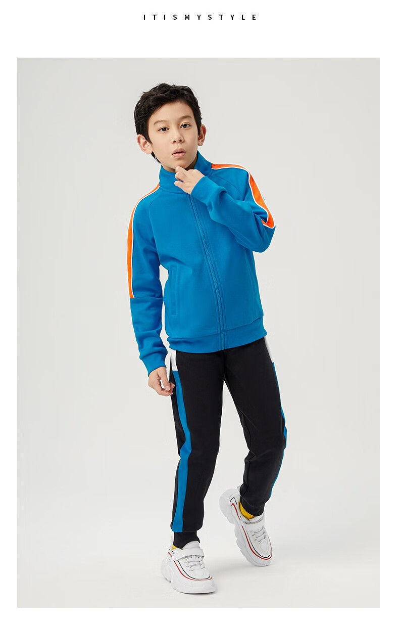 鸿星尔克童装男童套装春季新款简约运动中大童针织套装清水蓝150