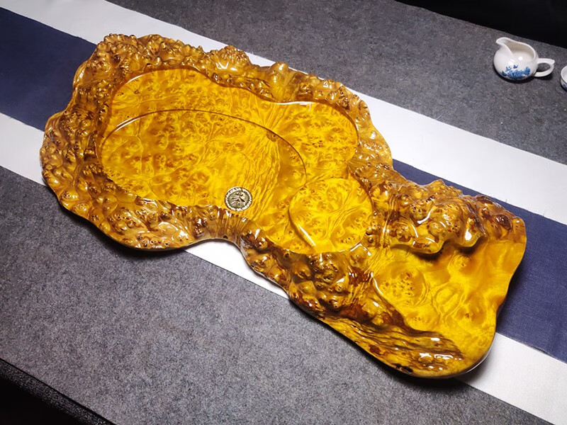 侯庭 缅甸黄金樟根雕茶盘头层包边实木整块树根茶海 77* 41* 5cm