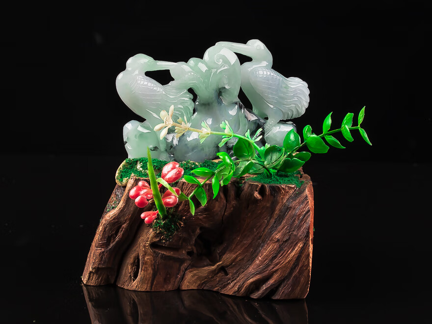 珠宝严选晟辉珠宝翡翠仙鹤延年益寿小摆玉石一套附证书送亲人朋友礼物