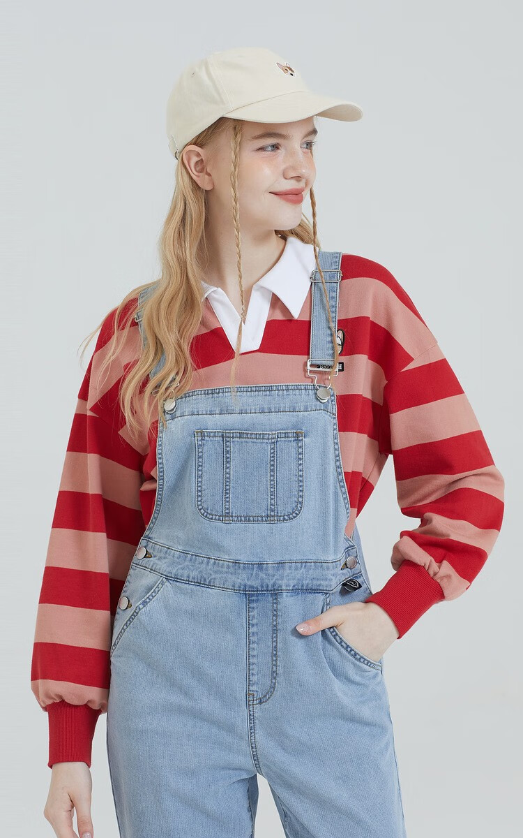 eland衣恋官方集团依恋春季衣服时尚宽松显瘦直筒牛仔背带裤女浅牛仔