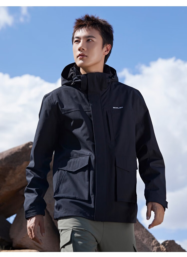 思凯乐scaler冲锋衣男户外可拆卸三合一外套时尚拼色收腰工装风登山服