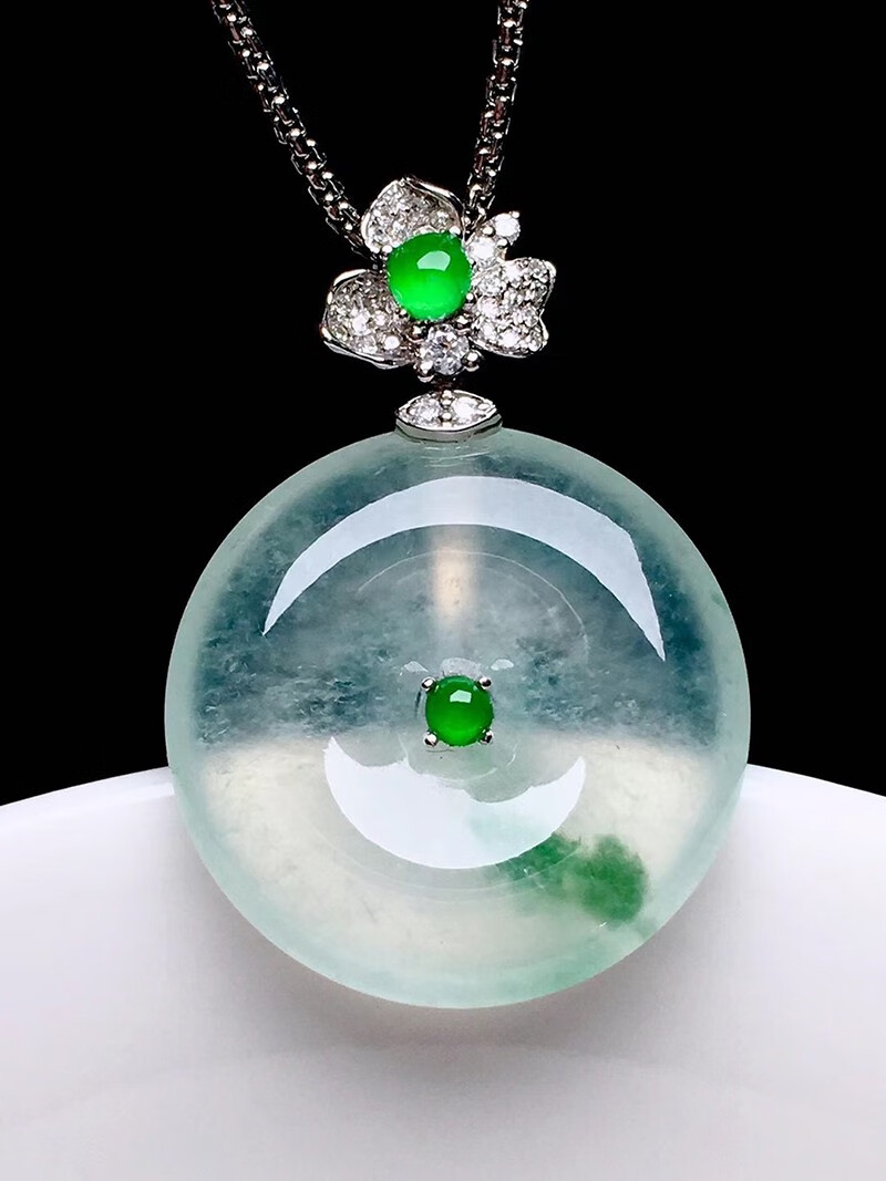 发源地高冰飘花平安扣吊坠翡翠18k金镶钻缅甸天然a货玉石送女友礼物
