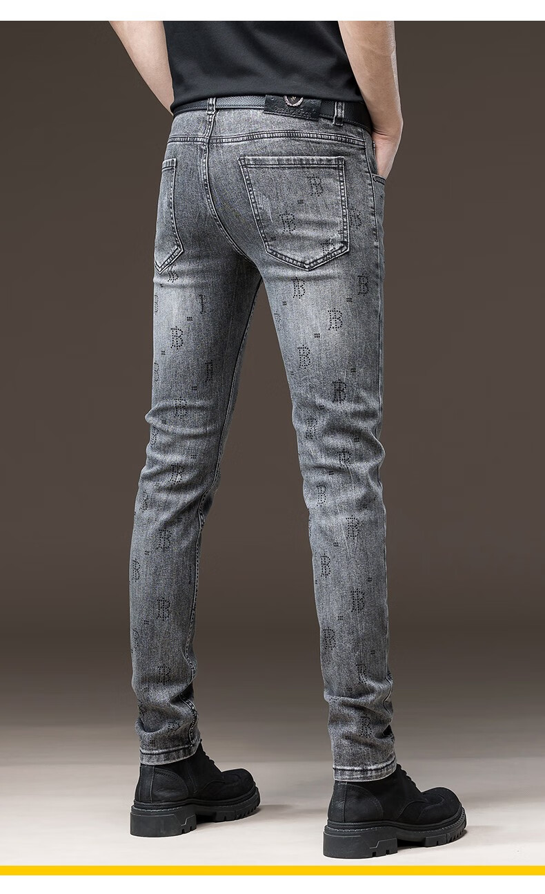 美洲野牛男士牛仔裤修身长裤休闲弹力小脚裤子男生长裤时尚百搭春季