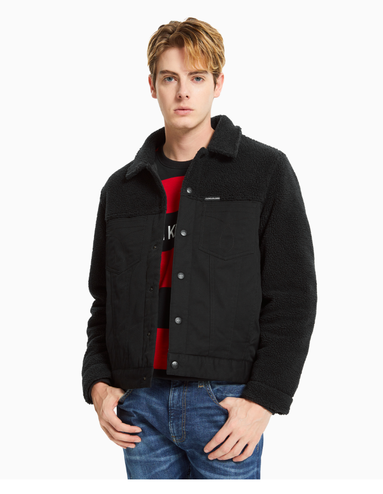 ckjeans男装双面穿时尚羊羔绒拼接绗缝夹棉外套夹克j316748beh黑色l