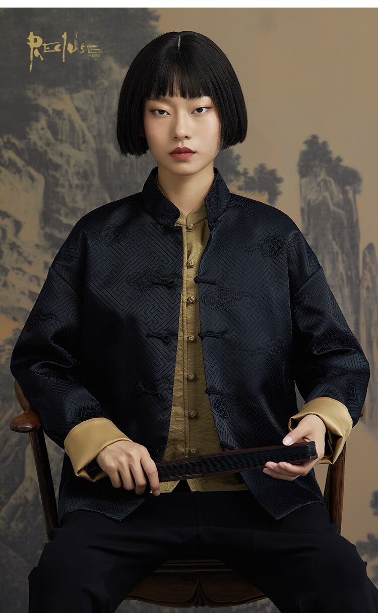 recluse拱璧中国风立领盘扣设计织锦缎改良唐装情侣外套黑色女现m