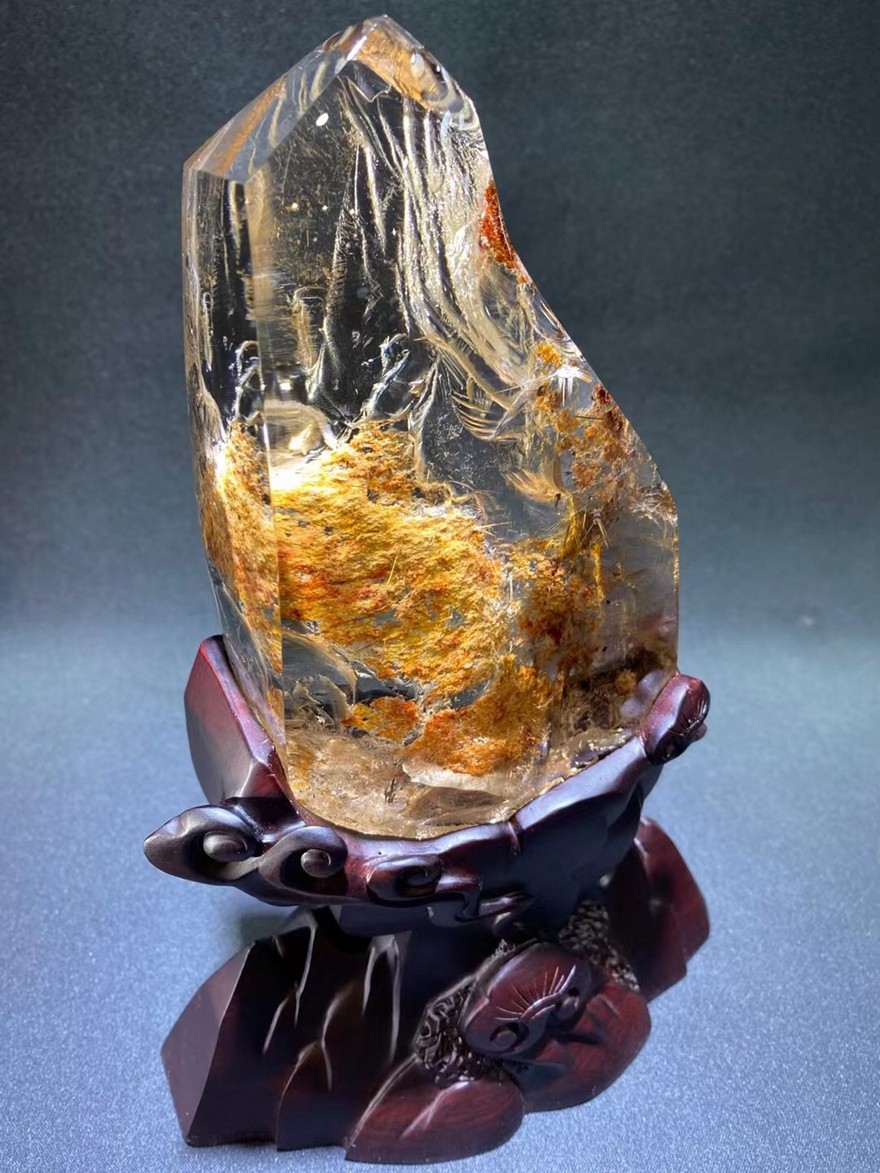 诺源珠宝天然黄幽灵原石水晶观赏石摆件晶莹剔透精致黑檀底座外形完整