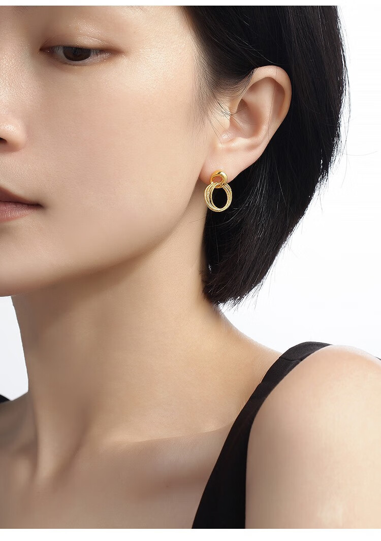 明牌珠宝5g黄金耳饰 足金细闪圆环黄金编织麻花耳钉afh0246工费950