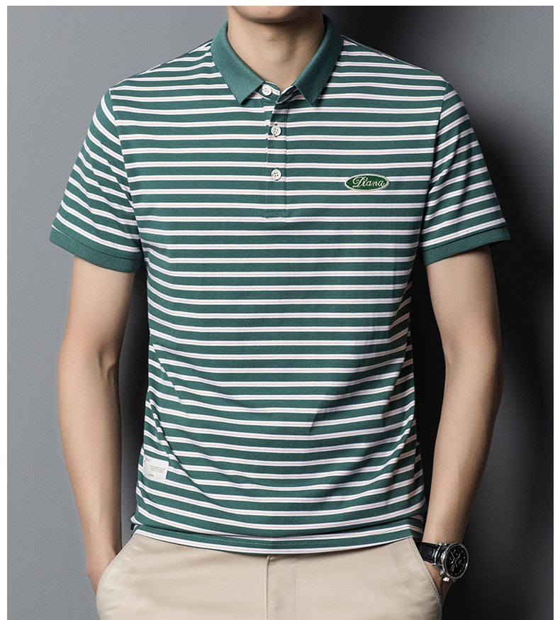 卡帝乐鳄鱼条纹短袖t恤男士夏季薄款纯棉翻领上衣服商务休闲短袖男装