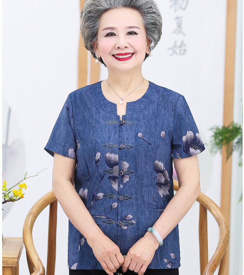 老年人衣服老人老太太服装夏季款蓝色七分袖上衣黑色裤子xl建议95110