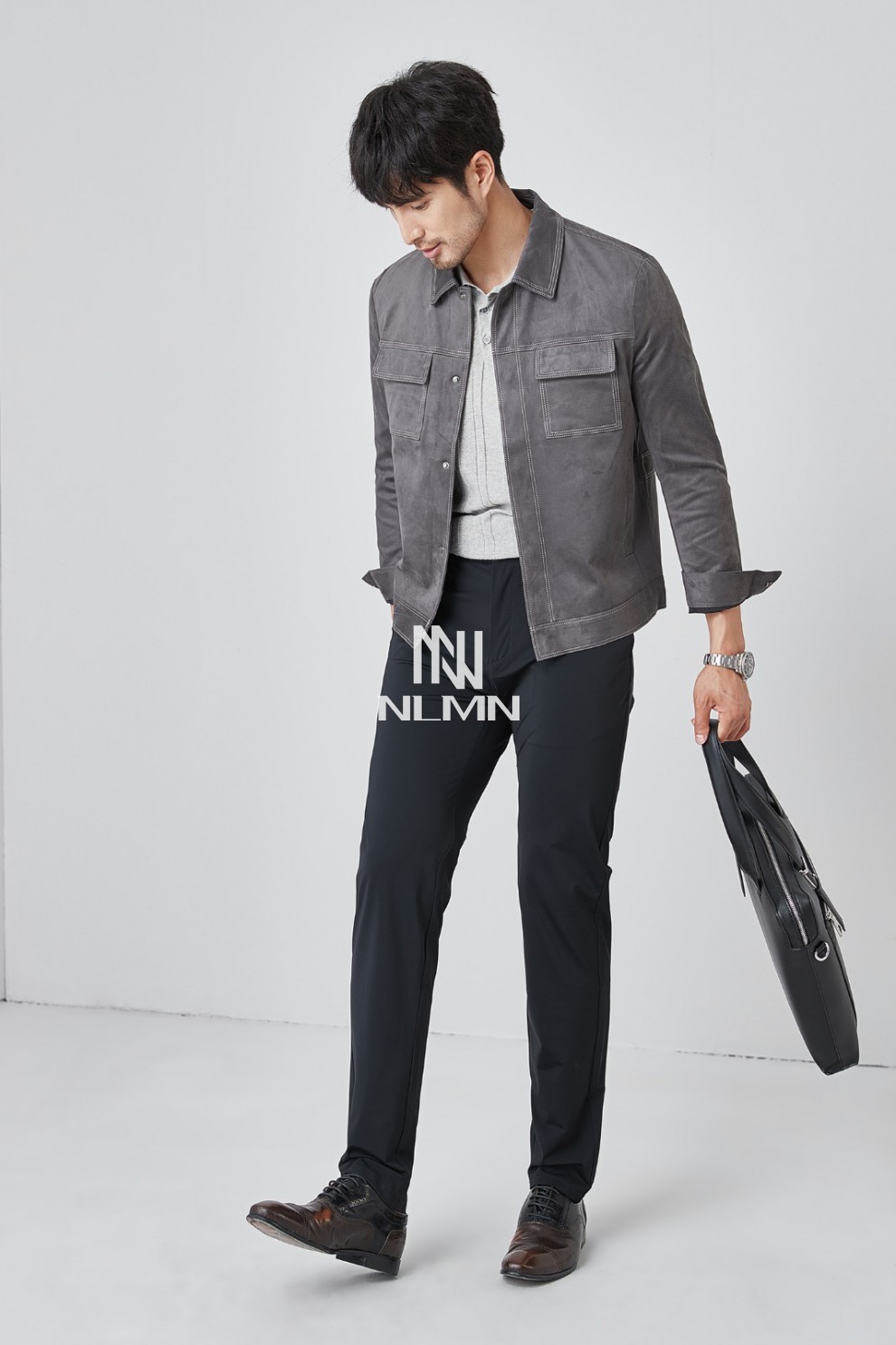 男时尚商务百搭麂皮绒外套男春秋翻领排扣短款修身夹克上衣男深灰色m