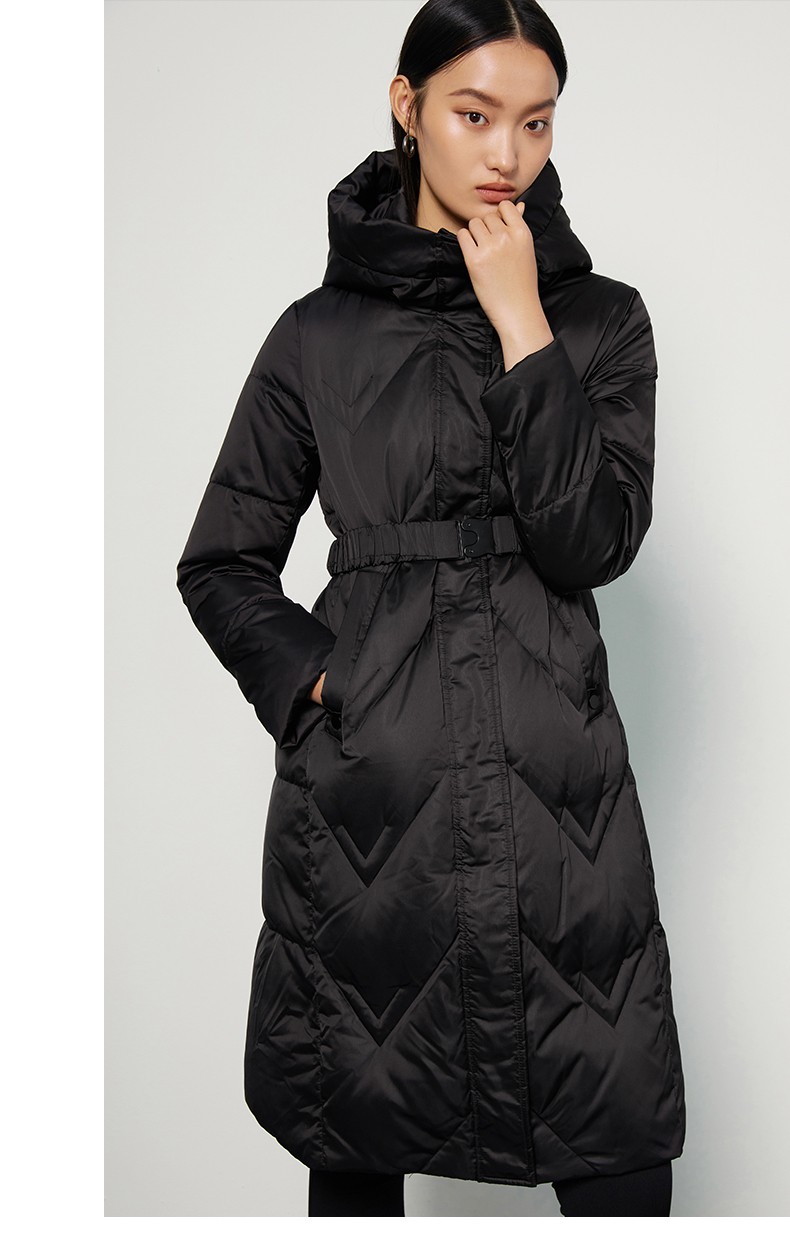 曼德诗黑色白鸭绒长款羽绒服女2021冬季新款软糯连帽及膝羽绒衣黑色m