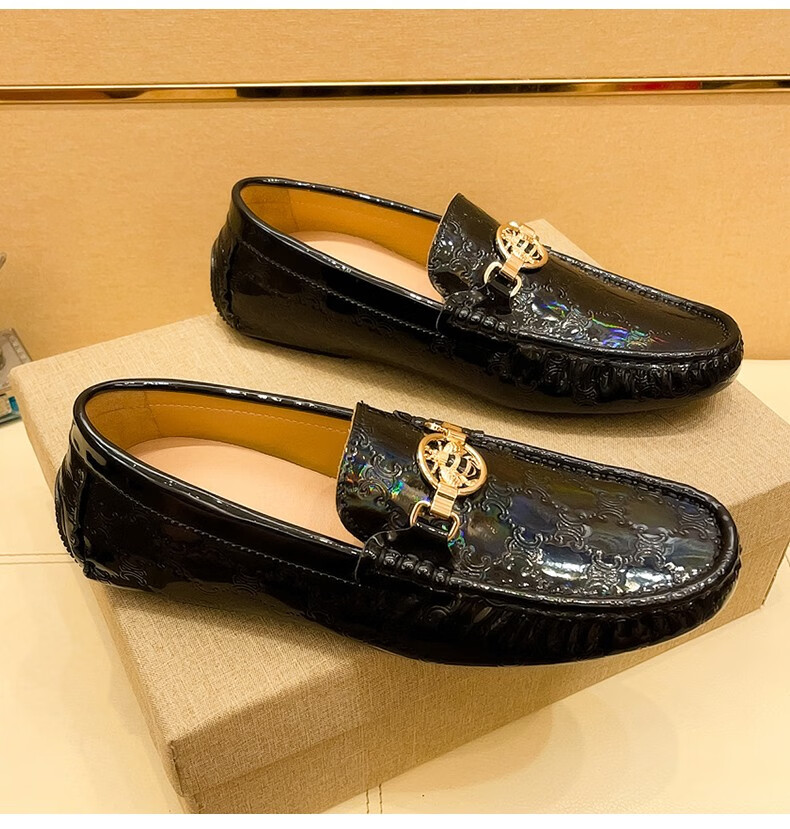 egeh 豆豆鞋男欧洲站奢侈品男鞋漆面亮皮乐福鞋男懒人一脚蹬鞋子男