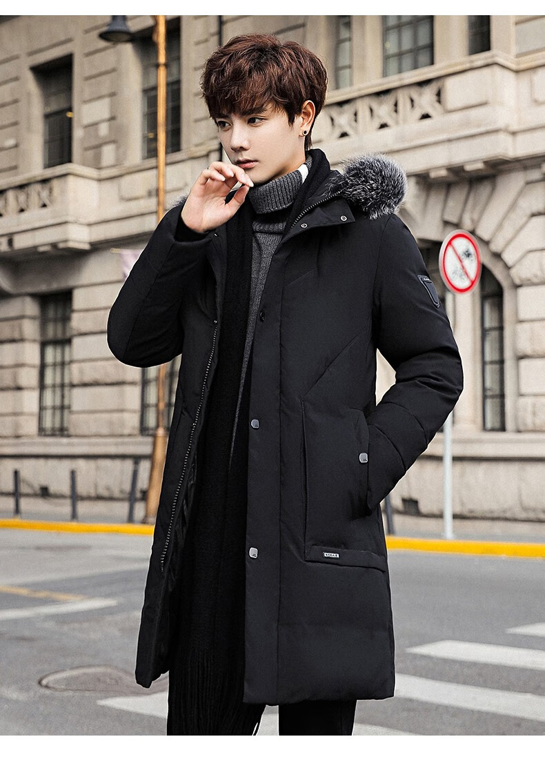 男士袄子加厚保暖夹克外套休闲外衣上衣冬天男80869鹅绒黑色连帽款180