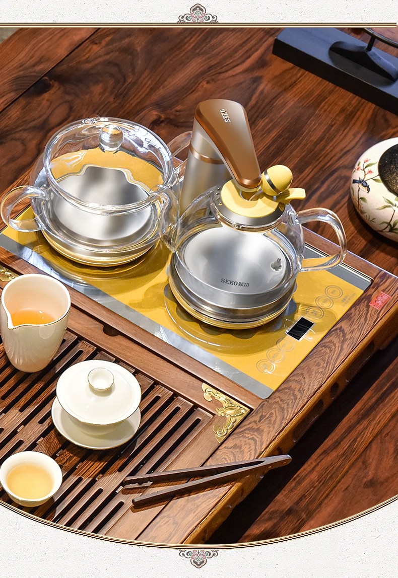 新功seko全自动茶具套装鸡翅木茶盘四合一电热电磁炉一体实木茶盘茶台